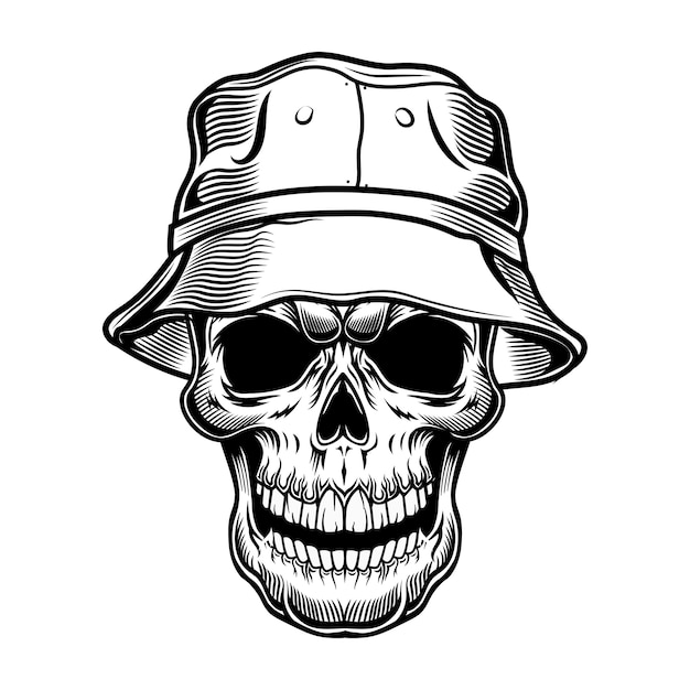 パナマのベクトル図のレトロな頭蓋骨。帽子をかぶった観光客の黒い死んだ頭。ハワイと熱帯の休暇の概念を使用することができます