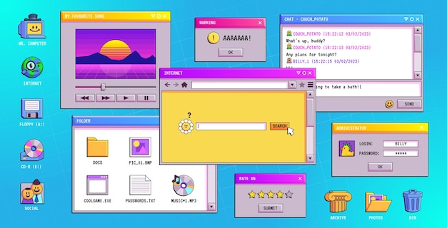 Ретро-окна программного обеспечения на рабочем столе компьютера