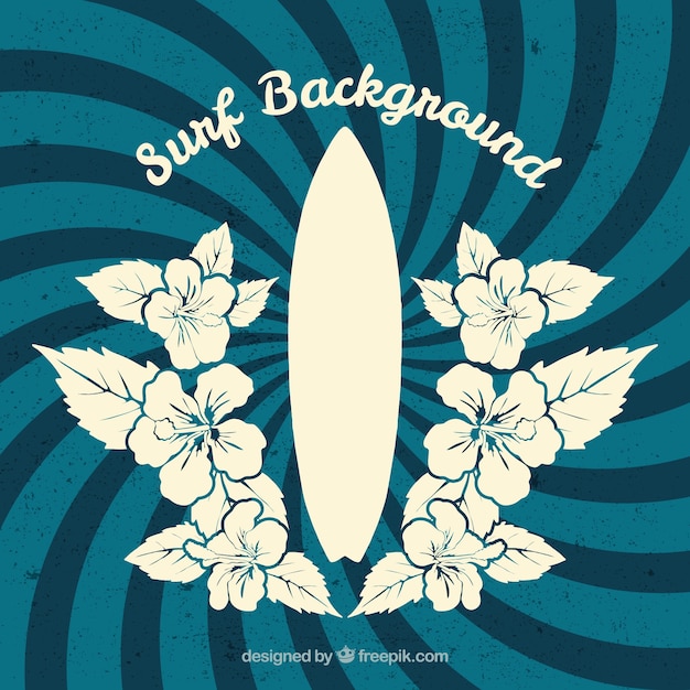 Free vector retro spiral background with hand drawn flowers and surfboard