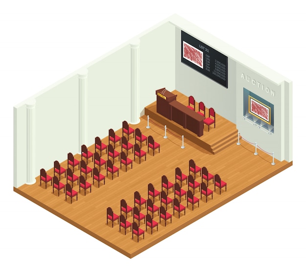 Free vector retro style auction room isometric interior