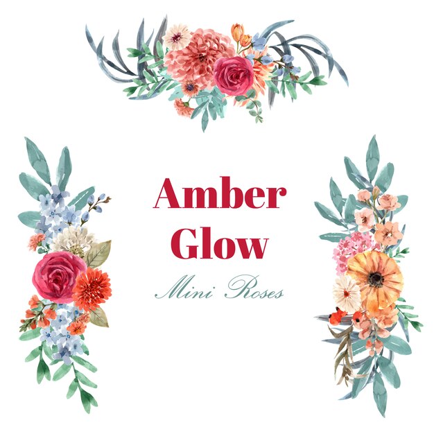 Retro style floral ember glow bouquet watercolor illustration.