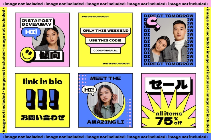 무료 Vector 레트로 스타일 인스 타 그램 게시물은 일본 타이포그래피와 함께 네온 색상으로 포장됩니다.