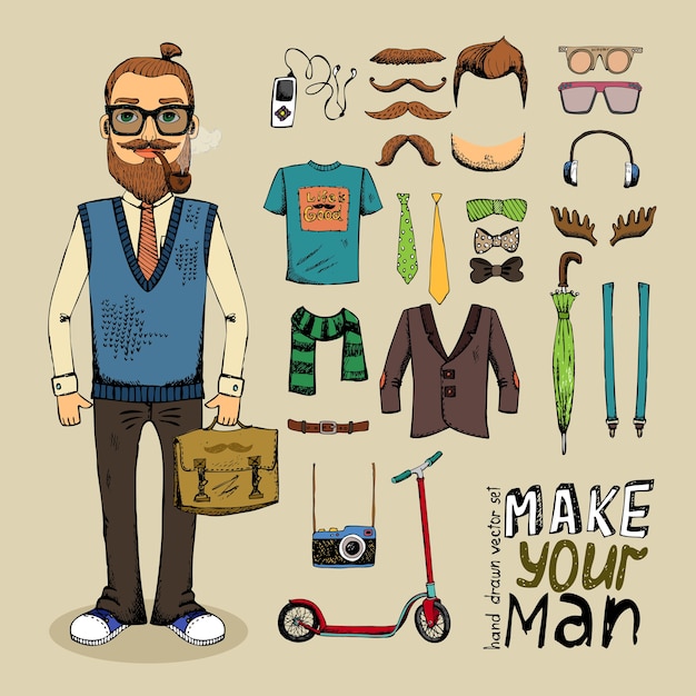 Free vector retro style man with hipster elements and clothes set