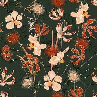Retro summer wild forest full of blooming flower in many kind of floral seamless pattern.