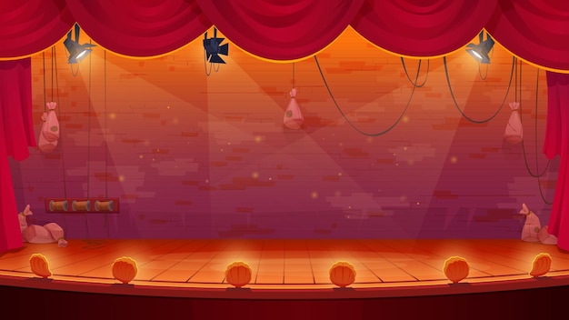 Бесплатное векторное изображение Сцена ретро-театра с занавесками и прожекторами