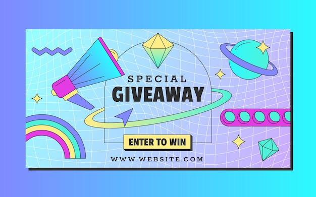 Retro vaporwave giveaway horizontal banner social media story design template with loudspeaker plane