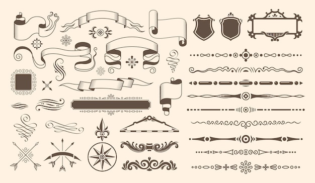古代の本や地図のベクトル図の分離要素とアート装飾部分で設定されたレトロなヴィンテージデザイン