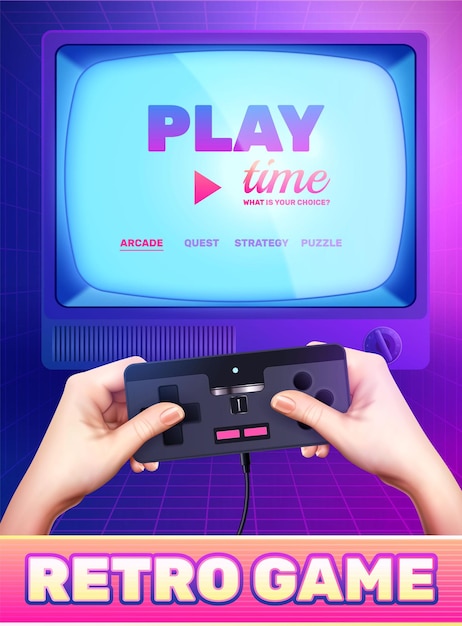 Free vector retro vintage electronics gadgets realistic composition with editable text on television screen with gamepad in hands vector illustration