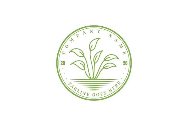 レ​トロ​な​ヴィンテージ​緑​の​葉​植物​成長​自然​ハーブ​ガーデン​環境​ロゴデザインベクトル