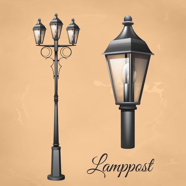 Free vector retro vintage lamp post set with electricity lantern