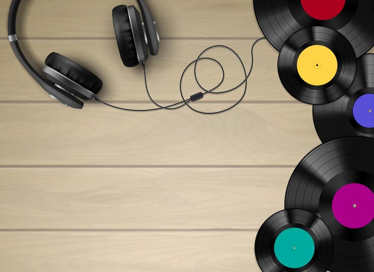 Free Vector retro vinyl discs records and headphone on plain wood floor realistic top view background