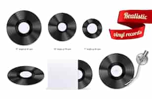 Free vector retro vinyl discs records set different sizes singles with stylus needle realistic top view image vector illustration