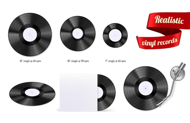 Retro vinyl discs records set different sizes singles with stylus needle realistic top view image vector illustration