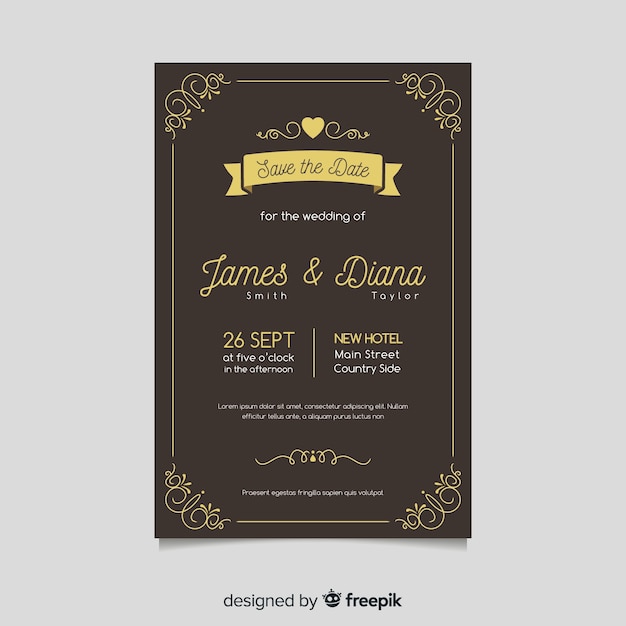 Retro wedding card template with golden elements