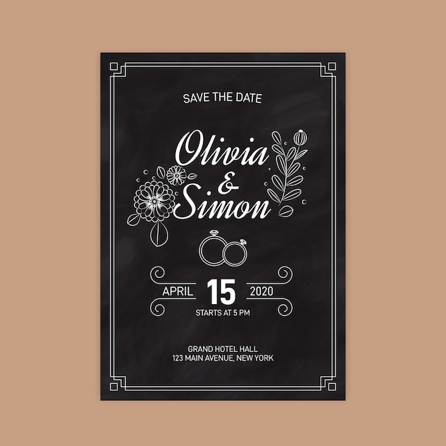 Free vector retro wedding invitation template on blackboard