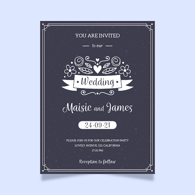 Free vector retro wedding invitation template on blackboard