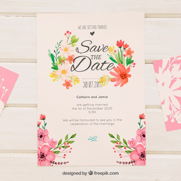 レトロな結婚式の招待状と水彩の花