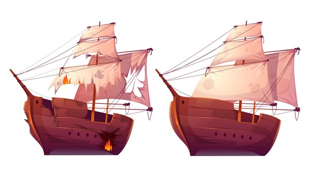 Retro wooden ships with white sail cartoon