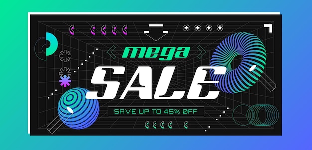 Free vector retrofuturistic sale banner with abstract 3d wireframes geometry objects