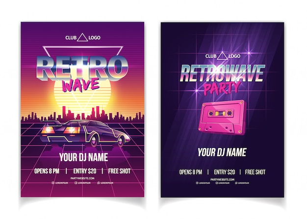 Retrowave party, electronic music of 80s, dj performance in nightclub cartoon  ad poster, promo flyer and poster