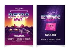 Бесплатное векторное изображение Ретрансляция вечеринки, электронная музыка 80-х, выступление диджея в мультяшном рекламном плакате в ночном клубе, рекламный флаер и плакат