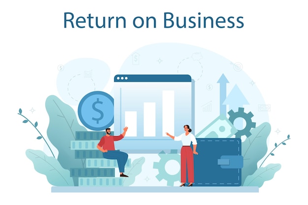 Return on business concept Profitability of a business project Idea of business success and financial growth Commerce activity progress and increasing incomes Flat vector illustration