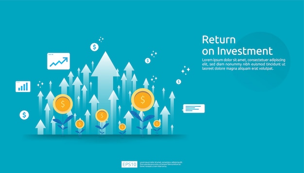 Return on investment roi, profit opportunity concept. business growth arrows to success. arrow with dollar plant coins, graph and chart increase.