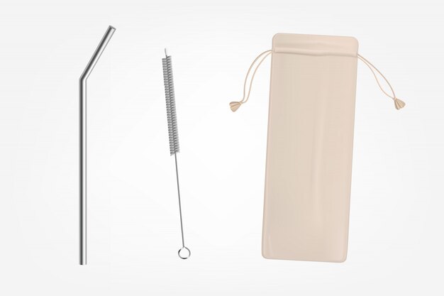 Reusable drinking straw kit items realistic vector