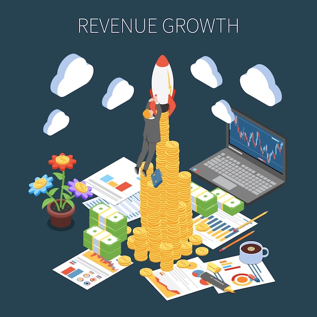 Revenue growth isometric composition increase of profit from successful start up project on dark