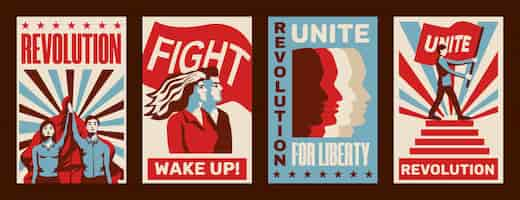 Free vector revolution 4 promoting constructivist posters set with calls for strike fight unity liberty vintage isolated