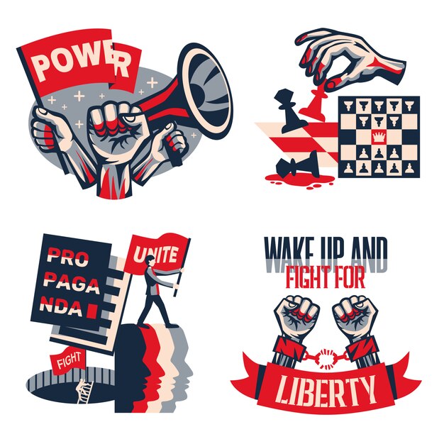 Revolution political slogans concept 4 vintage constructivist compositions set with calls unity liberty freedom isolated 