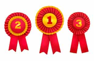 Free vector rewarding badges rosettes award realistic set of orders for top winning places decorated with red ribbons