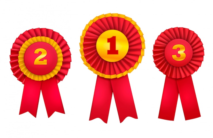Free Vector rewarding badges rosettes award realistic set of orders for top winning places decorated with red ribbons