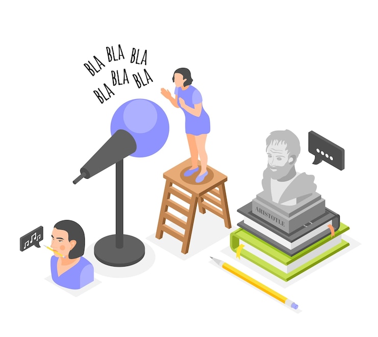 Free Vector rhetoric isometric composition with female character practising her speech with microphone 3d vector illustration