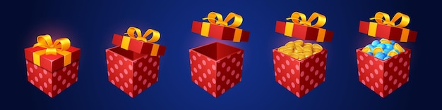 Ribbon gift box ui game bonus icon cartoon vector birthday present reward loot for gui mobile app casino trophy package achievement set isometric giveaway open and close mystery pack with money