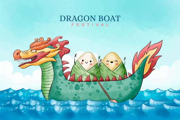 Free vector rice dumplings on dragon boat background