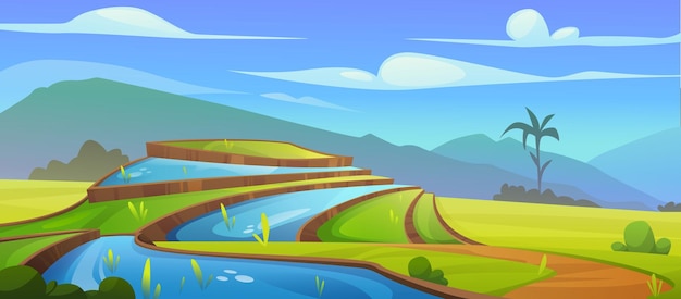 Бесплатное векторное изображение Вектор ландшафта рисовых полей и сельского хозяйства