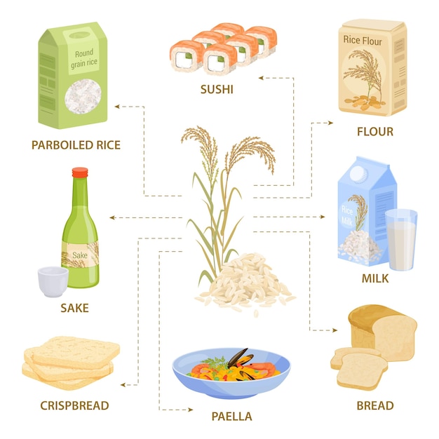 무료 벡터 편집 가능한 텍스트 캡션 벡터 그림이 있는 제품 및 식사 이미지의 순서도가 있는 쌀 제품 플랫 인포그래픽 구성