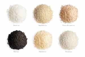 Free vector rice varieties realistic collection of arborio unpolished brown short grain black parboiled basmati types isolated vector illustration