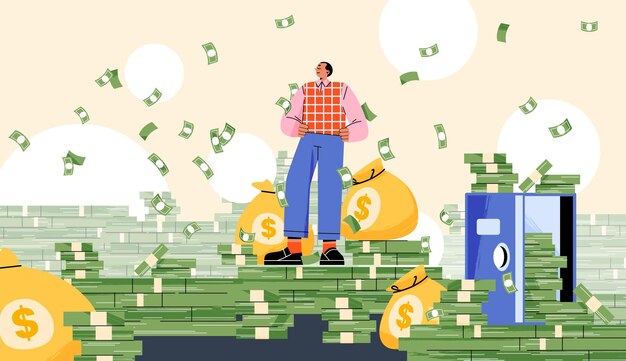 Free Vector rich man standing under money rain