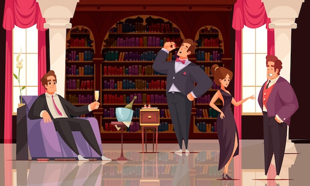 Rich people drinking champagne and leading conversation in fashionable interior of home library illustration