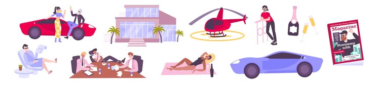 Free Vector rich people flat set with millionaires on private country villa in skyscraper office resting on yacht isolated vector illustration