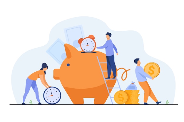 Rich people keeping cash and clocks in piggy bank. vector illustration for time is money, business, time management, wealth concept