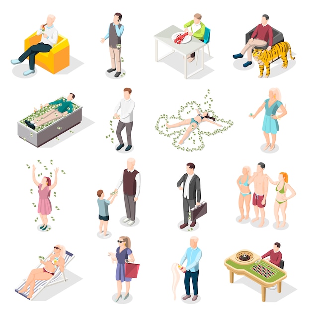 Rich people and rich life isometric icons