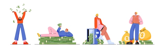 Free Vector rich people with money happy men and women set