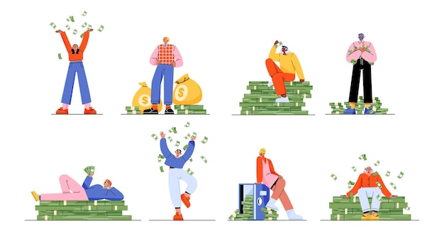 Free Vector rich people with money happy men and women set