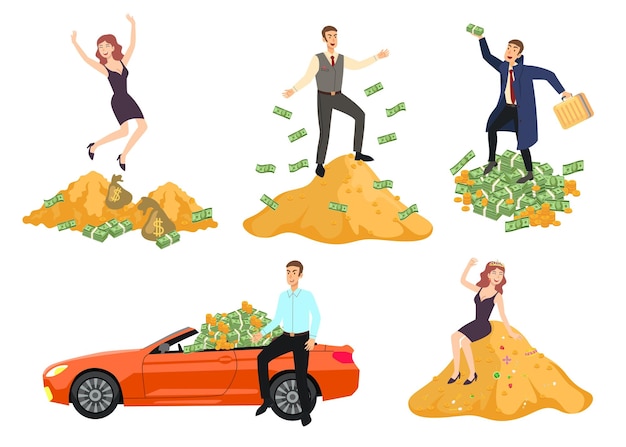 Rich people with mountain of money cartoon illustration set. man and woman characters throwing banknotes, gold coins. billionaire or millionaire sitting in luxury car. wealth, businessman concept