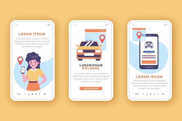 Free vector ride sharing onboarding app screens