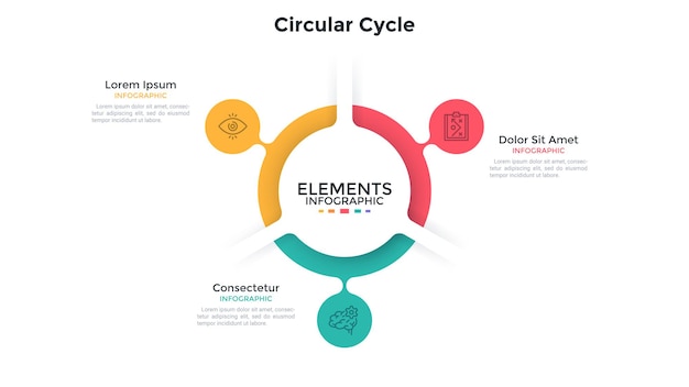 3​つ​の​カラフル​な​泡​の​隆起​を​備えた​リング​の​ような​チャート​。​循環​プロセス​の​3​つ​の​段階​の​概念​。​フラット​な​インフォグラフィックデザインテンプレート​。​クローズドビジネスサイクル​の​視覚化​の​ため​の​シンプルな​ベクトル図​。