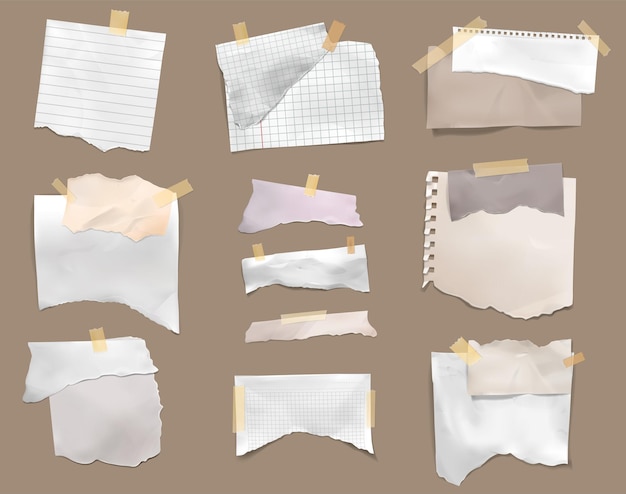 Free vector ripped torn pieces checked pages lined paper stick with adhesive tape to cardboard realistic set